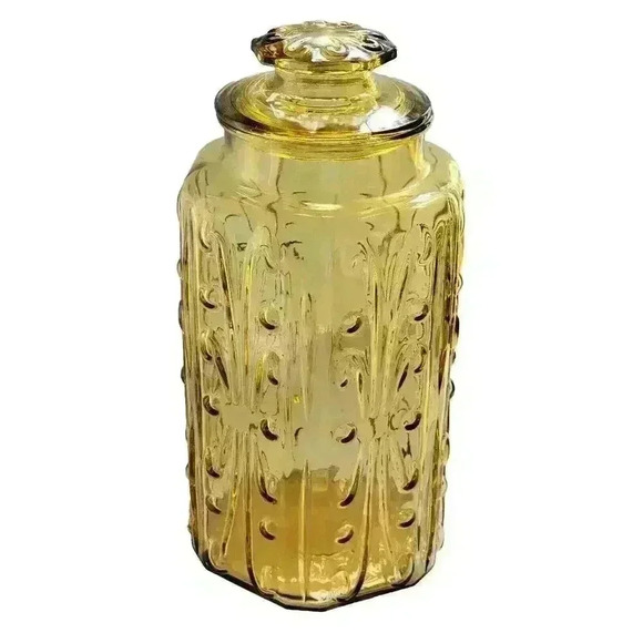 Vintage LE Smith Federal Glass Atterbury Scroll 12" Lidded Canister Honey Amber - Picture 1 of 12